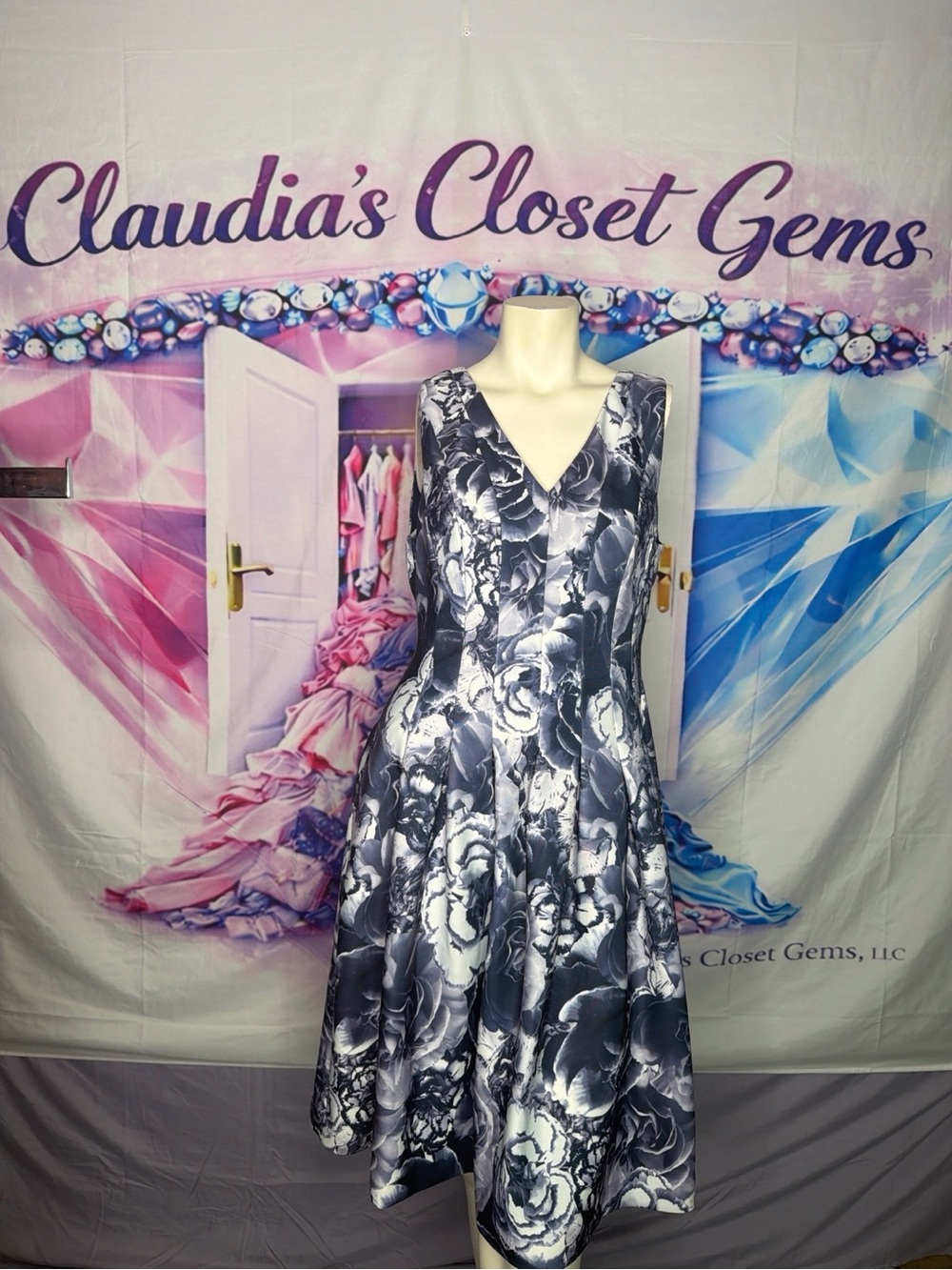 Tommy Hilfiger Purple and White Floral Midi Fit-and-Flare Dress